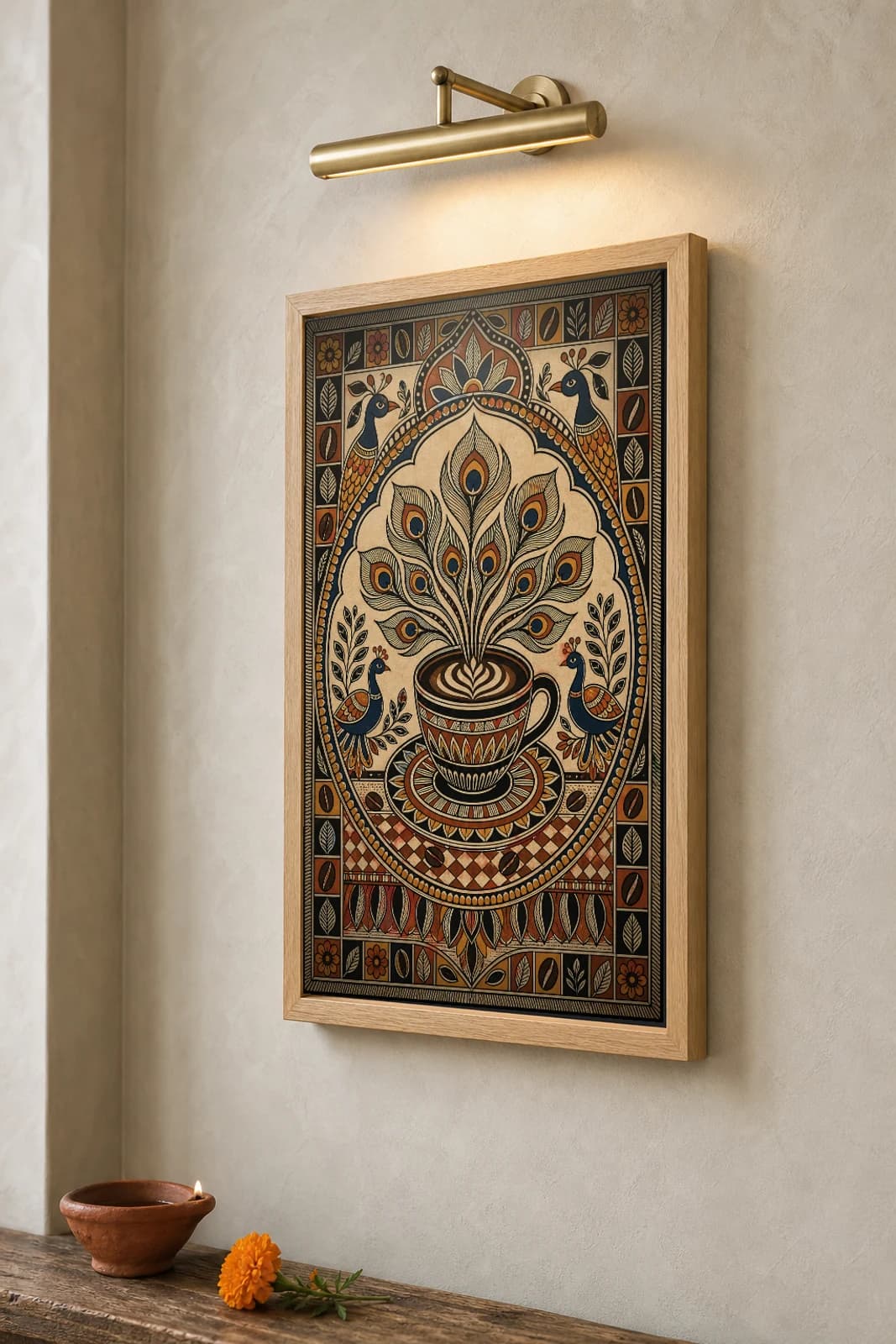 Coffee Ritual Madhubani Poster — bharni Mithila folk art wall decor · framed A2 · Bangalore — the framed print shown at a three-quarter angle on a styled gallery wall in a natural-oak frame