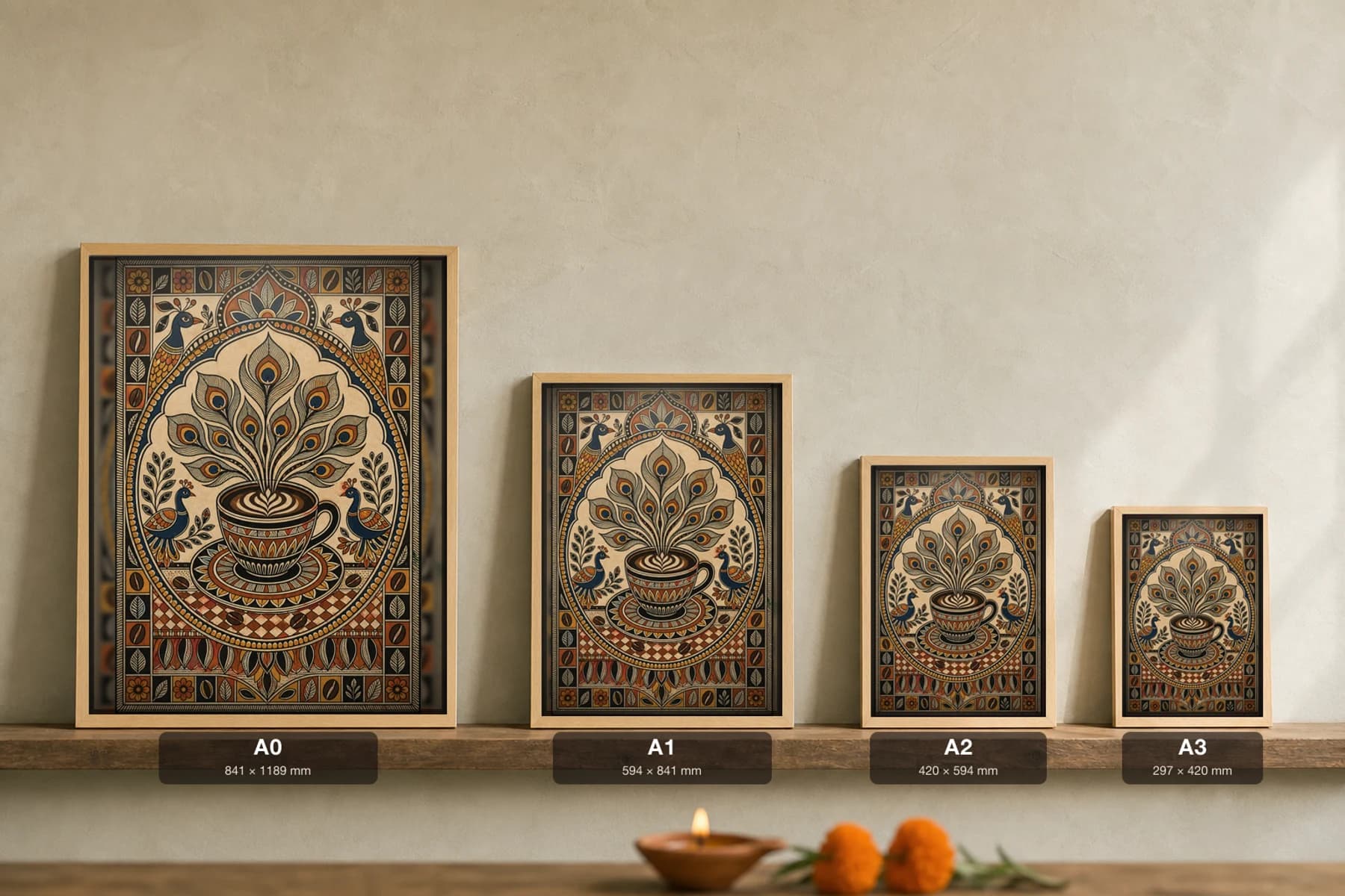 Coffee Ritual Madhubani Poster — bharni Mithila folk art wall decor · framed A2 · Bangalore — print size guide showing the artwork at A0, A1, A2 and A3 in natural-oak frames at true relative scale