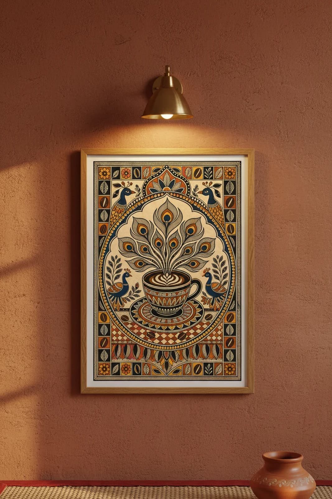 Coffee Ritual Madhubani print in natural_oak A2 frame on terracotta terracotta limewash wall — Mithila folk art mockup