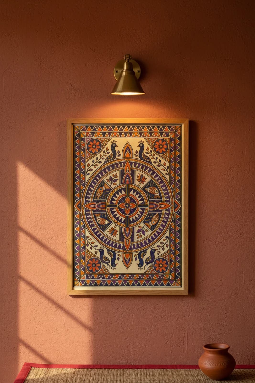 Cosmic Wheel Madhubani print in natural_oak A2 frame on burnt-vermillion terracotta limewash wall — Mithila folk art mockup