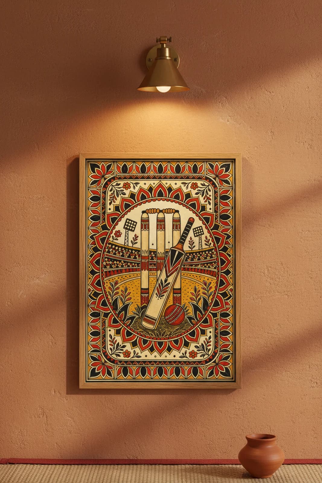 Cricket Wicket Madhubani print in natural_oak A2 frame on mustard-ochre terracotta limewash wall — Mithila folk art mockup
