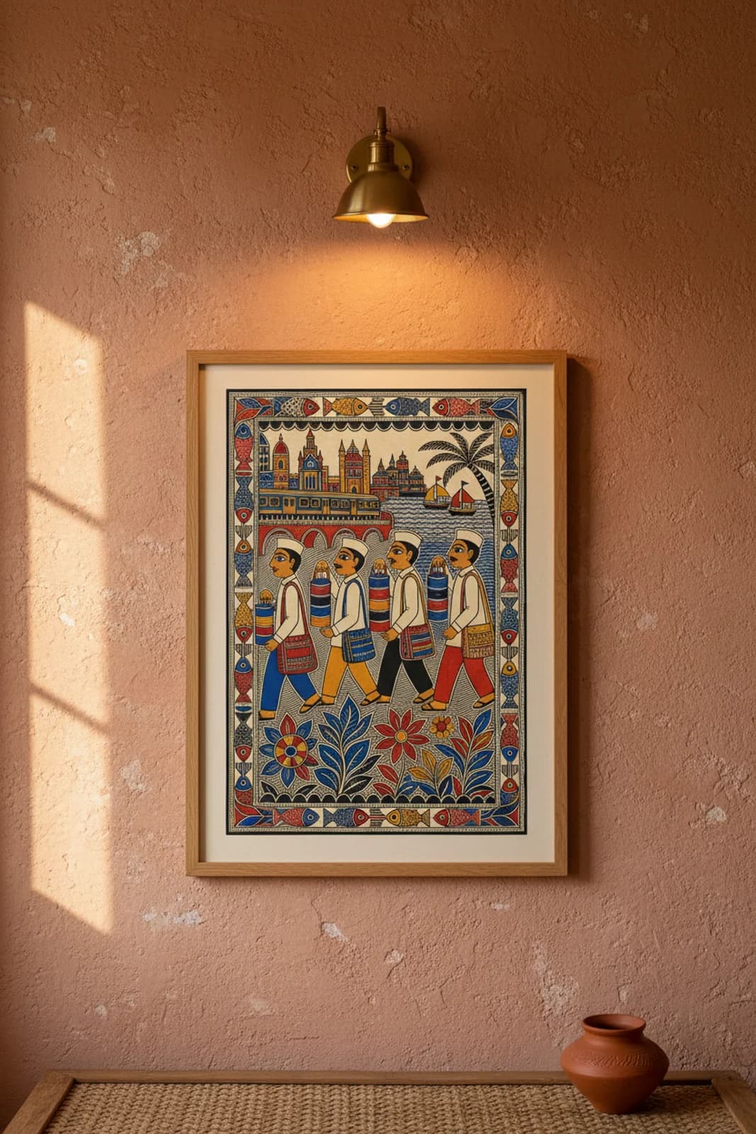 Dabbawala Mumbai Madhubani print in natural_oak A2 frame on vermillion-red terracotta limewash wall — Mithila folk art mockup
