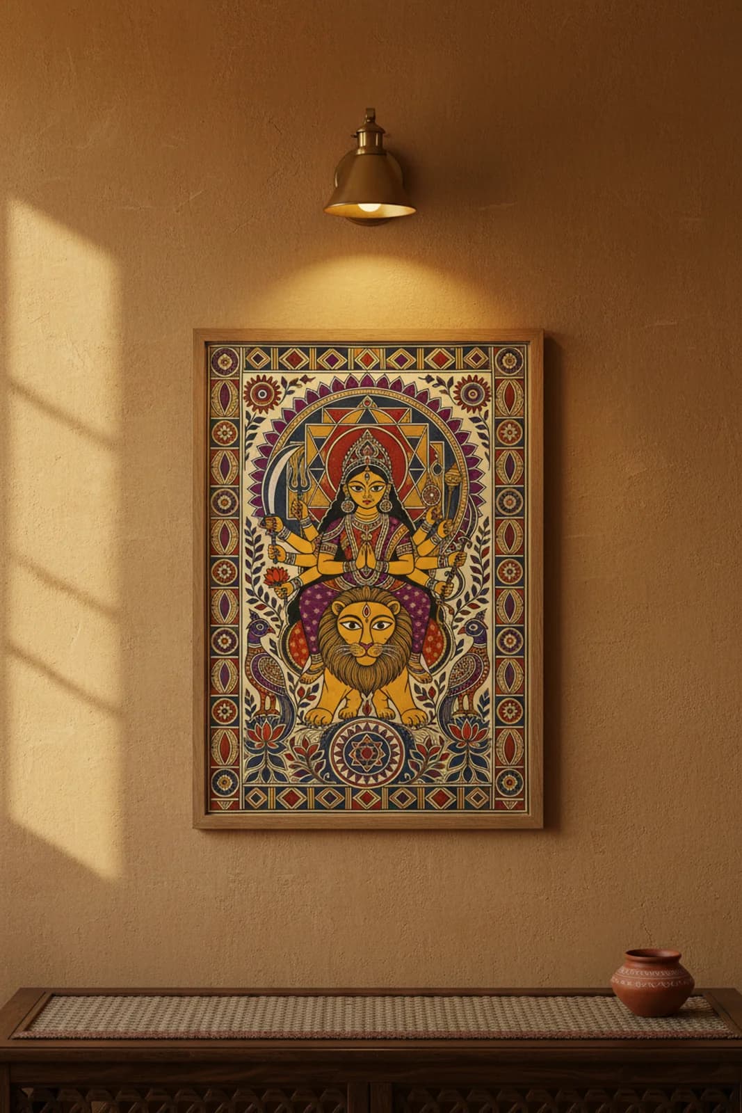 Durga Lion Madhubani print in natural_oak A2 frame on ochre-yellow terracotta limewash wall — Mithila folk art mockup