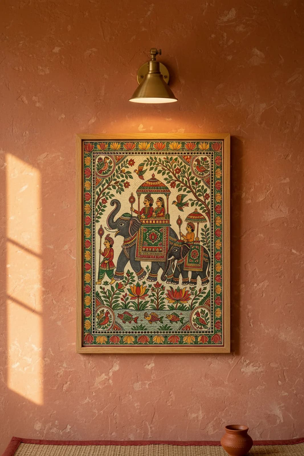 Elephant Procession Madhubani print in natural_oak A2 frame on vermillion-red terracotta limewash wall — Mithila folk art mockup