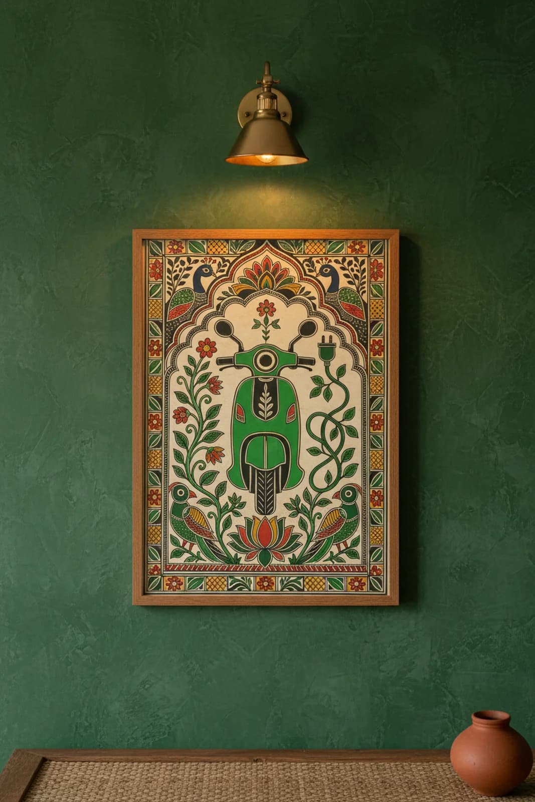 EV Scooter Madhubani print in natural_oak A2 frame on emerald-green terracotta limewash wall — Mithila folk art mockup