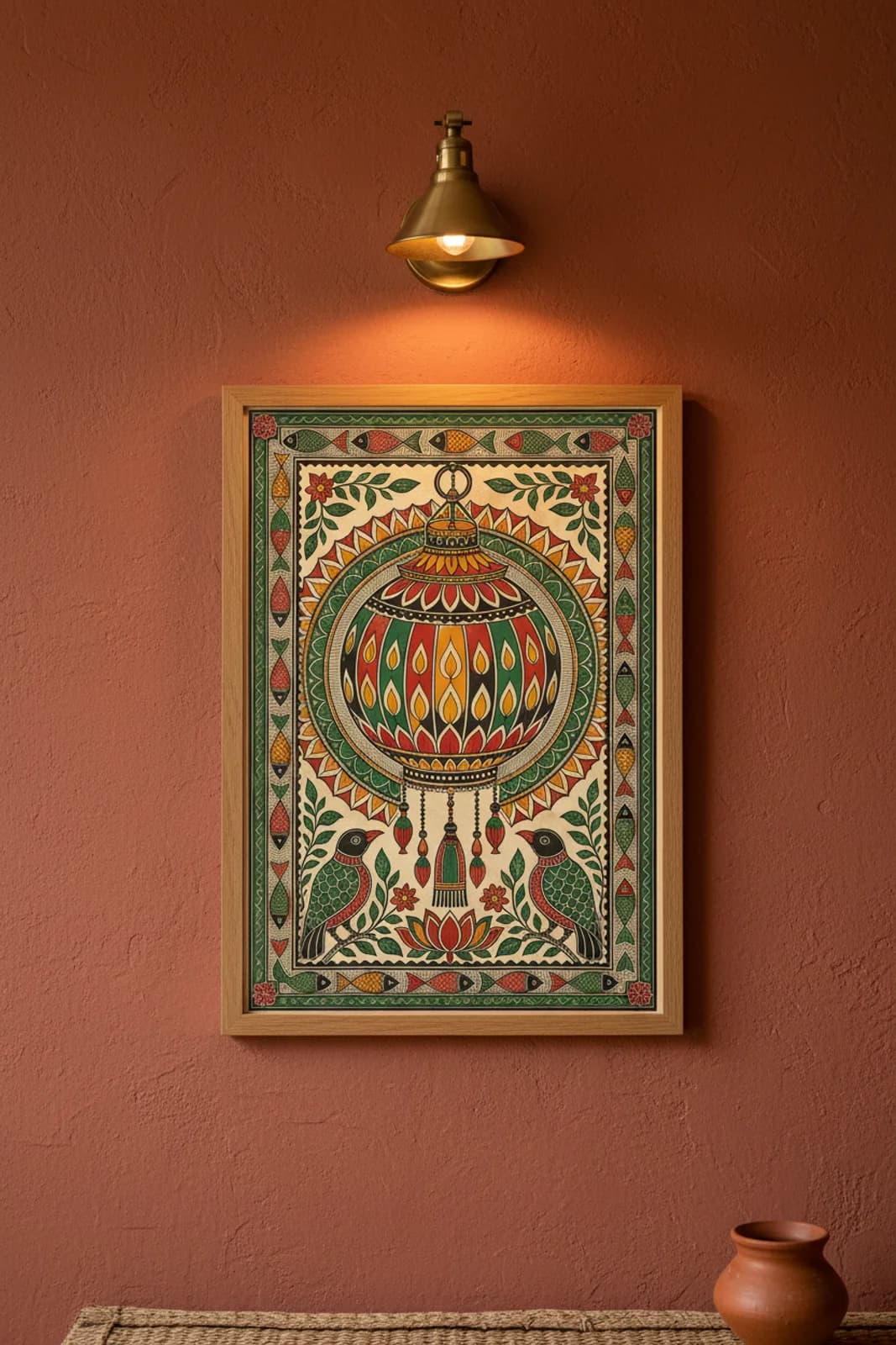 Festival Lantern Madhubani print in natural_oak A2 frame on vermillion-red terracotta limewash wall — Mithila folk art mockup