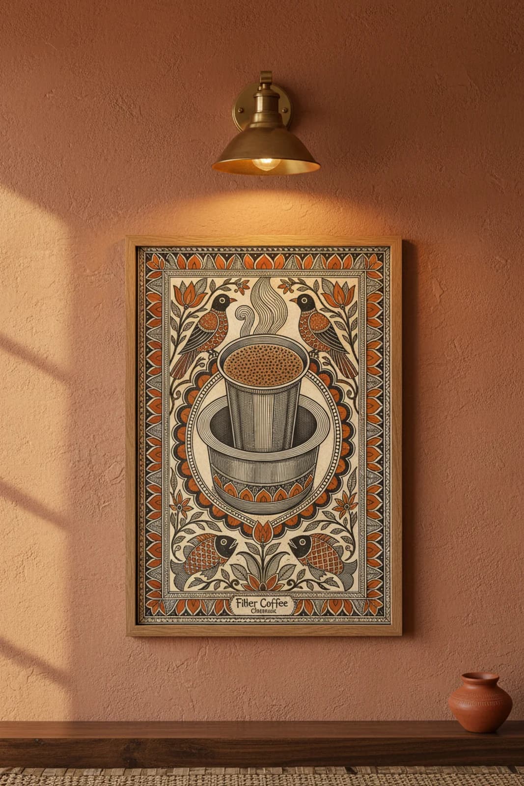 Filter Coffee Chennai Madhubani print in natural_oak A2 frame on terracotta-orange terracotta limewash wall — Mithila folk art mockup