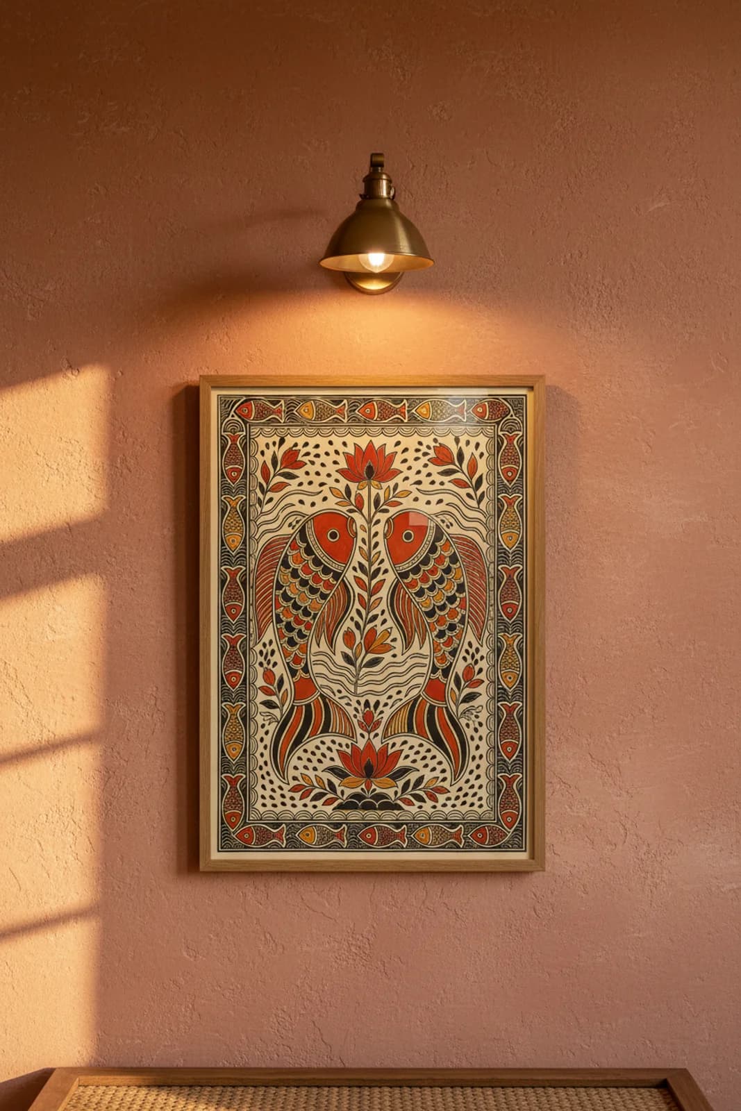 Fish River Madhubani print in natural_oak A2 frame on vermillion-red terracotta limewash wall — Mithila folk art mockup