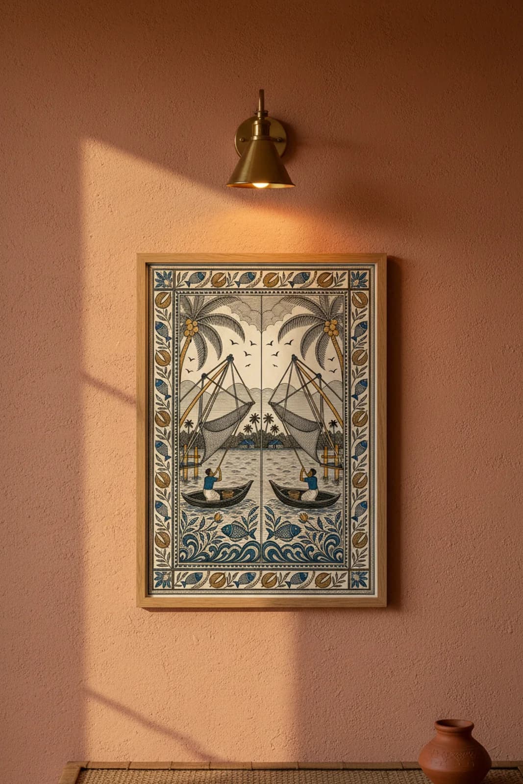 Fishing Net Kerala Madhubani print in natural_oak A2 frame on indigo-blue terracotta limewash wall — Mithila folk art mockup