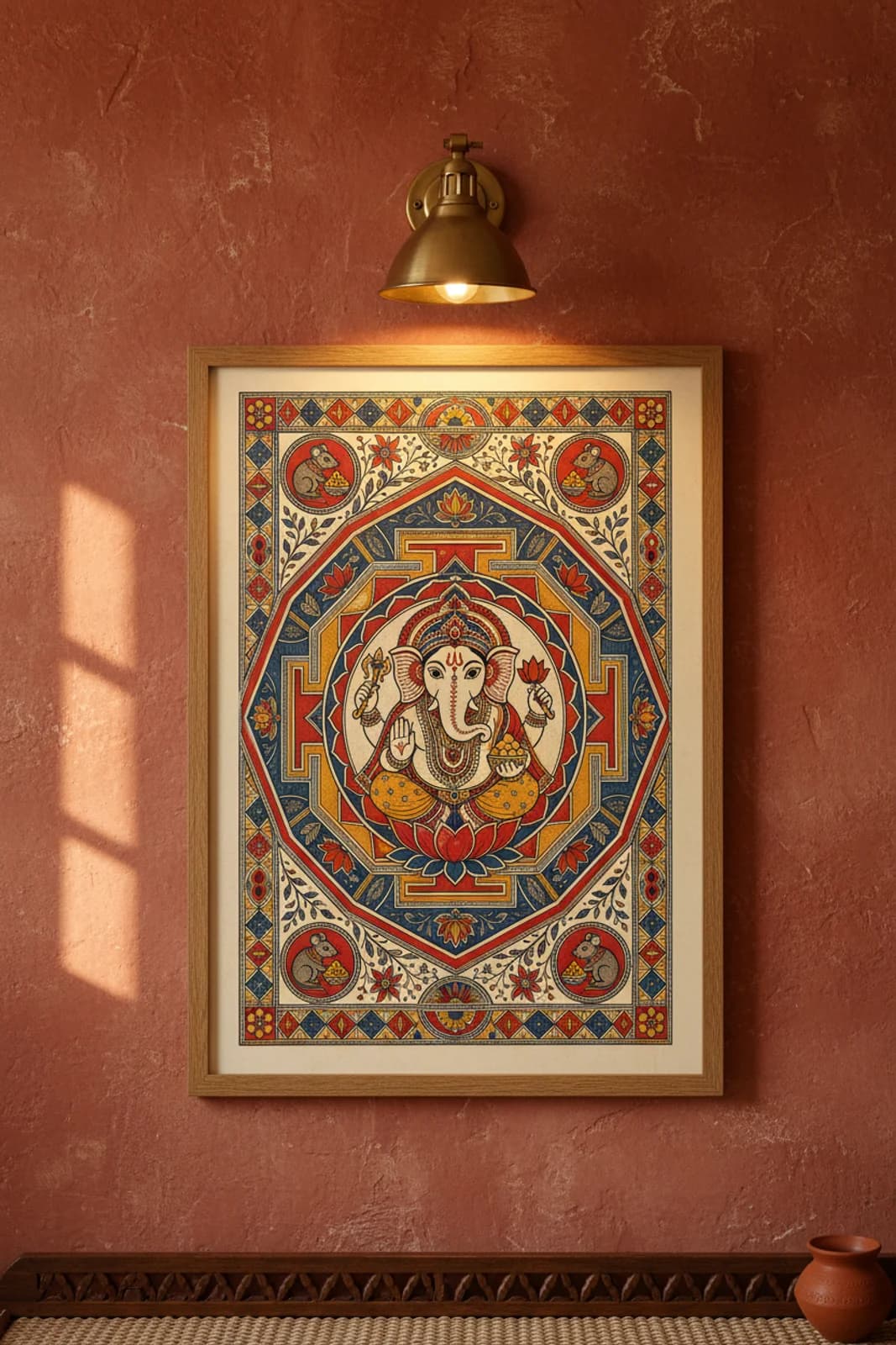 Ganesh Yantra Madhubani print in natural_oak A2 frame on vermillion-red terracotta limewash wall — Mithila folk art mockup
