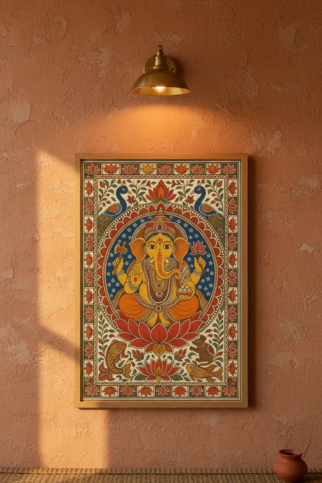 Ganesha Blessing Madhubani print in natural_oak A2 frame on turmeric-golden-yellow terracotta limewash wall — Mithila folk art mockup