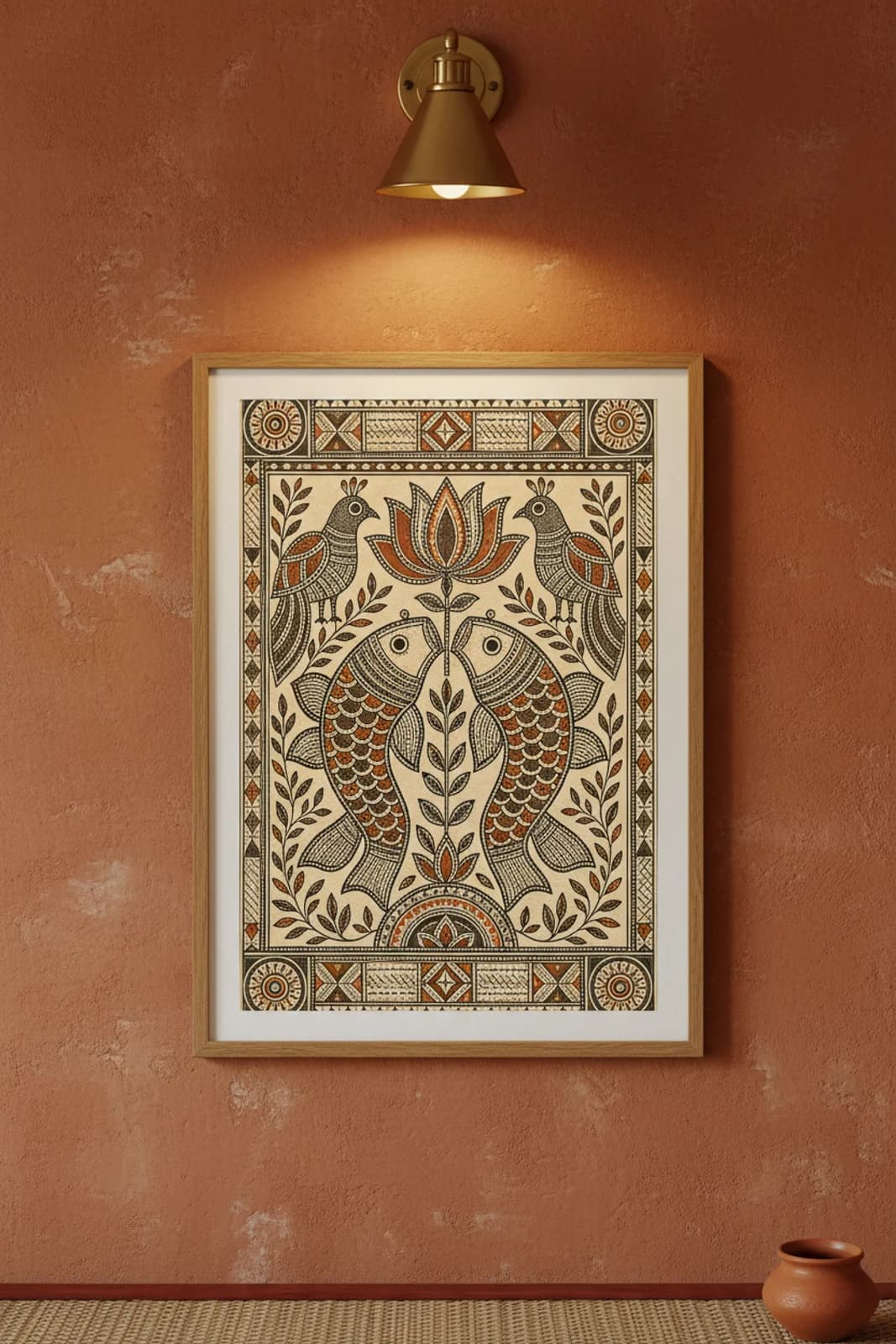 Godna Dash Grid Madhubani print in natural_oak A2 frame on terracotta-rust terracotta limewash wall — Mithila folk art mockup