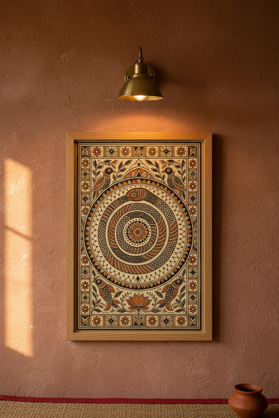 Godna Spiral Snake Madhubani print in natural_oak A2 frame on lamp-black terracotta limewash wall — Mithila folk art mockup