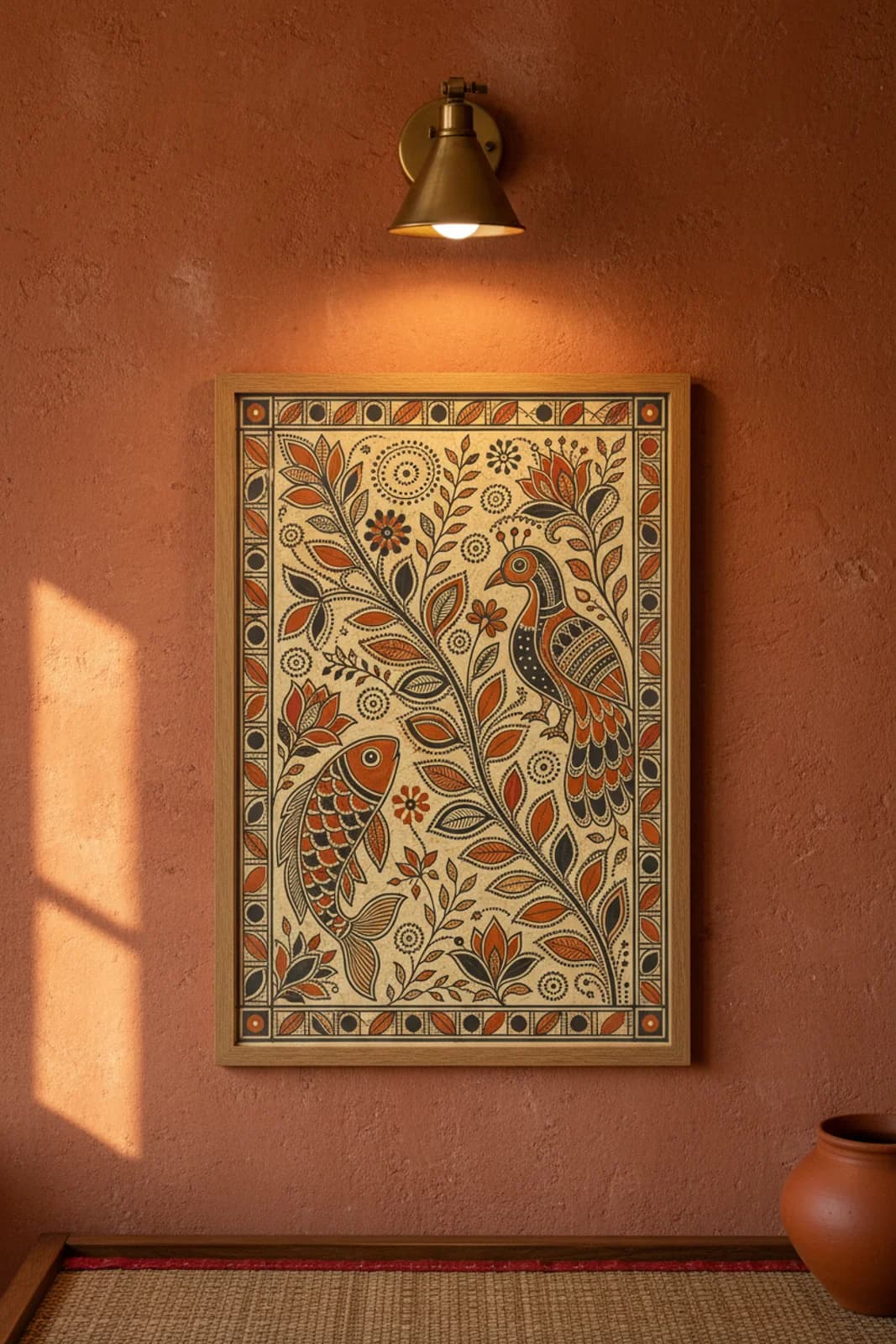 Godna Vine Scroll Madhubani print in natural_oak A2 frame on burnt-orange-terracotta terracotta limewash wall — Mithila folk art mockup