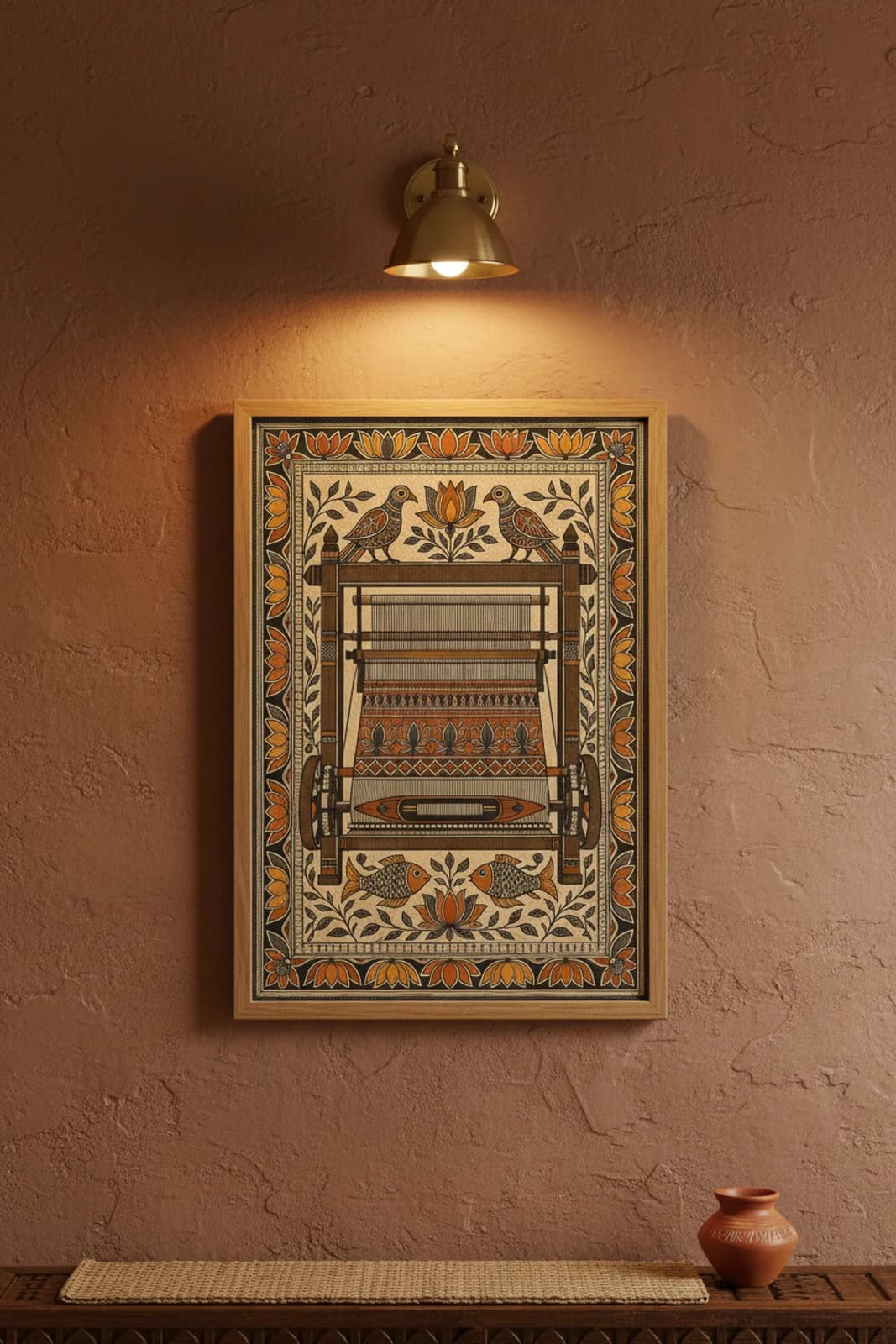 Handloom Loom Madhubani print in natural_oak A2 frame on sienna-brown terracotta limewash wall — Mithila folk art mockup