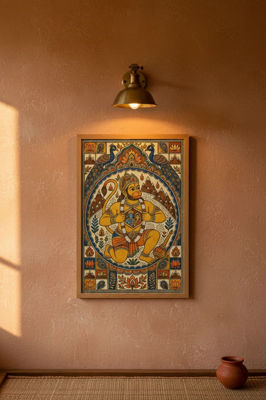 Hanuman Devotion Madhubani print in natural_oak A2 frame on turmeric-golden-ochre terracotta limewash wall — Mithila folk art mockup