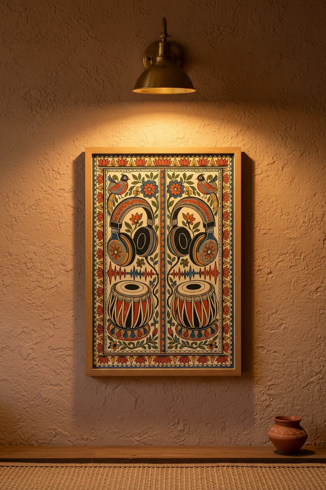 Headphones Tabla Madhubani print in natural_oak A2 frame on mustard-parchment terracotta limewash wall — Mithila folk art mockup