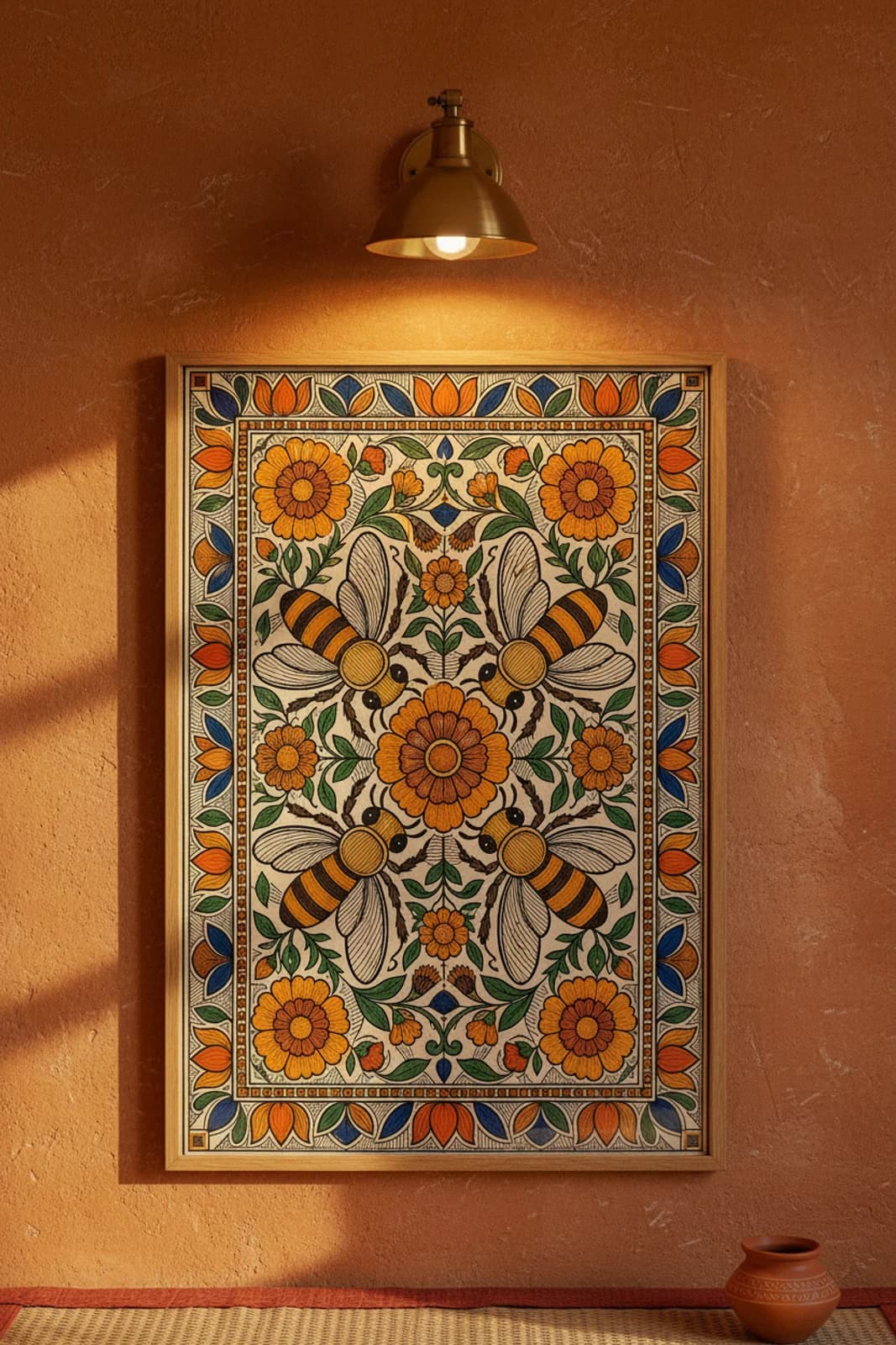 Honeybee Garden Madhubani print in natural_oak A2 frame on marigold-orange terracotta limewash wall — Mithila folk art mockup
