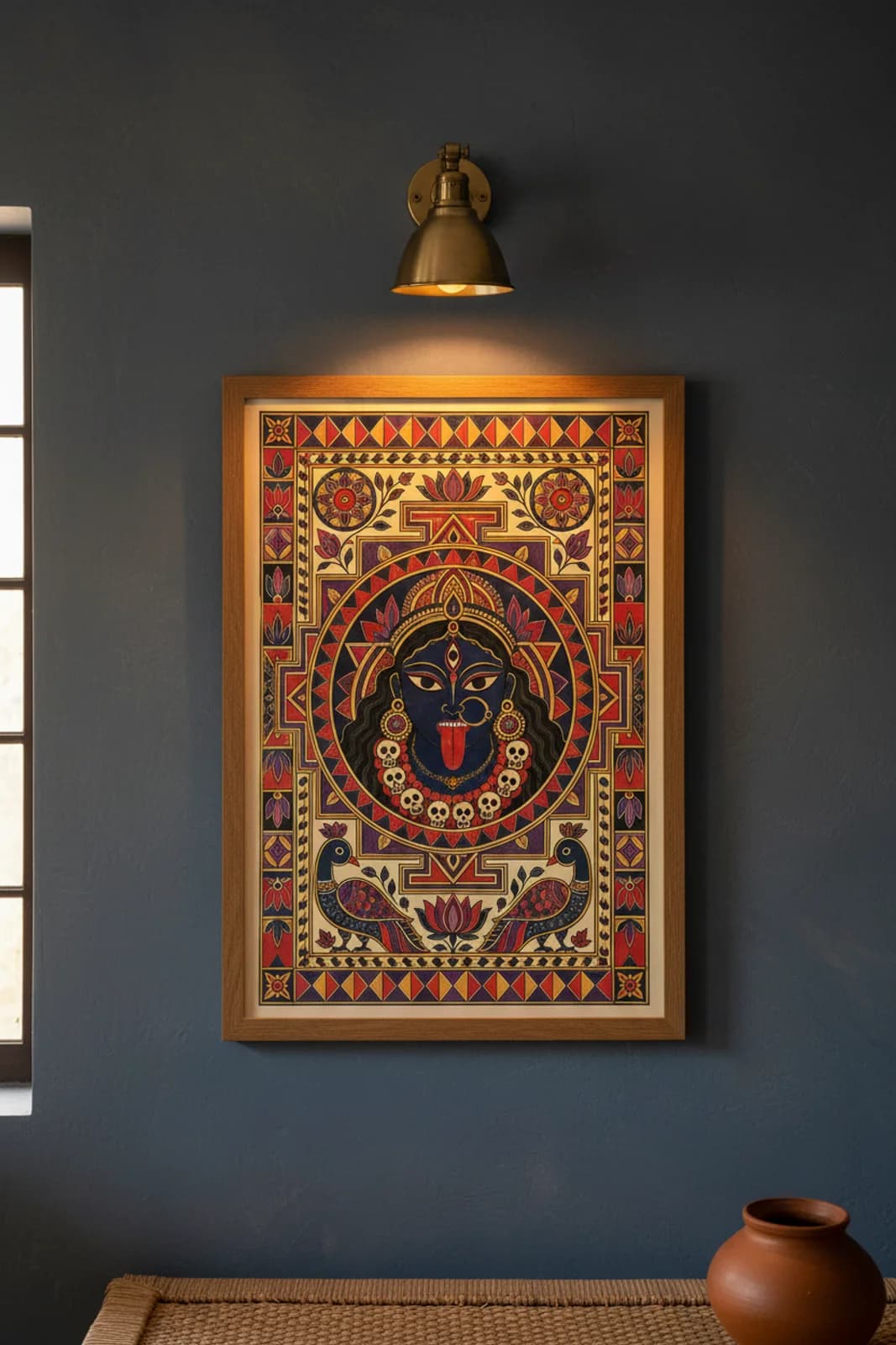 Kali Symbolic Madhubani print in natural_oak A2 frame on cobalt-indigo terracotta limewash wall — Mithila folk art mockup