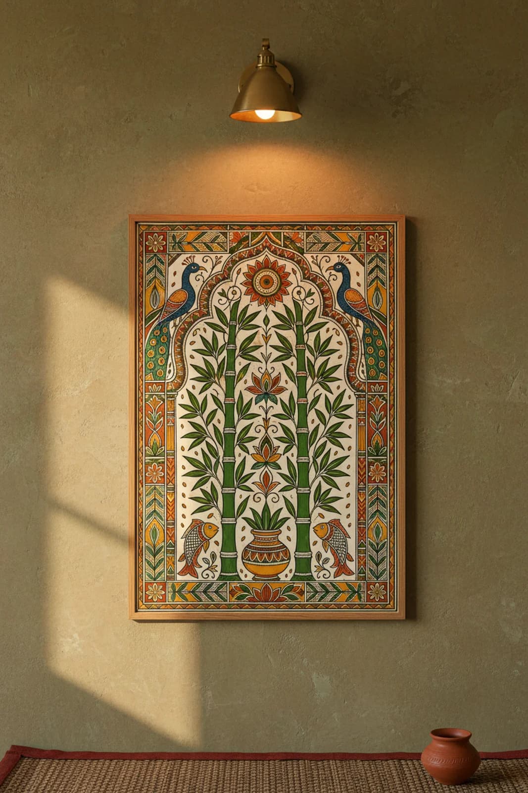 Kohbar Bamboo Grove Madhubani print in natural_oak A2 frame on forest-green terracotta limewash wall — Mithila folk art mockup