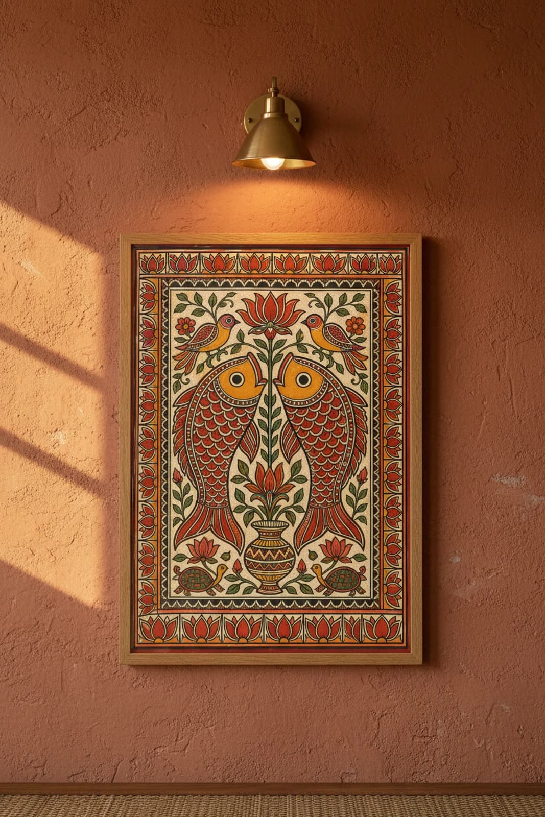 Kohbar Fish Fertility Madhubani print in natural_oak A2 frame on wedding-red terracotta limewash wall — Mithila folk art mockup