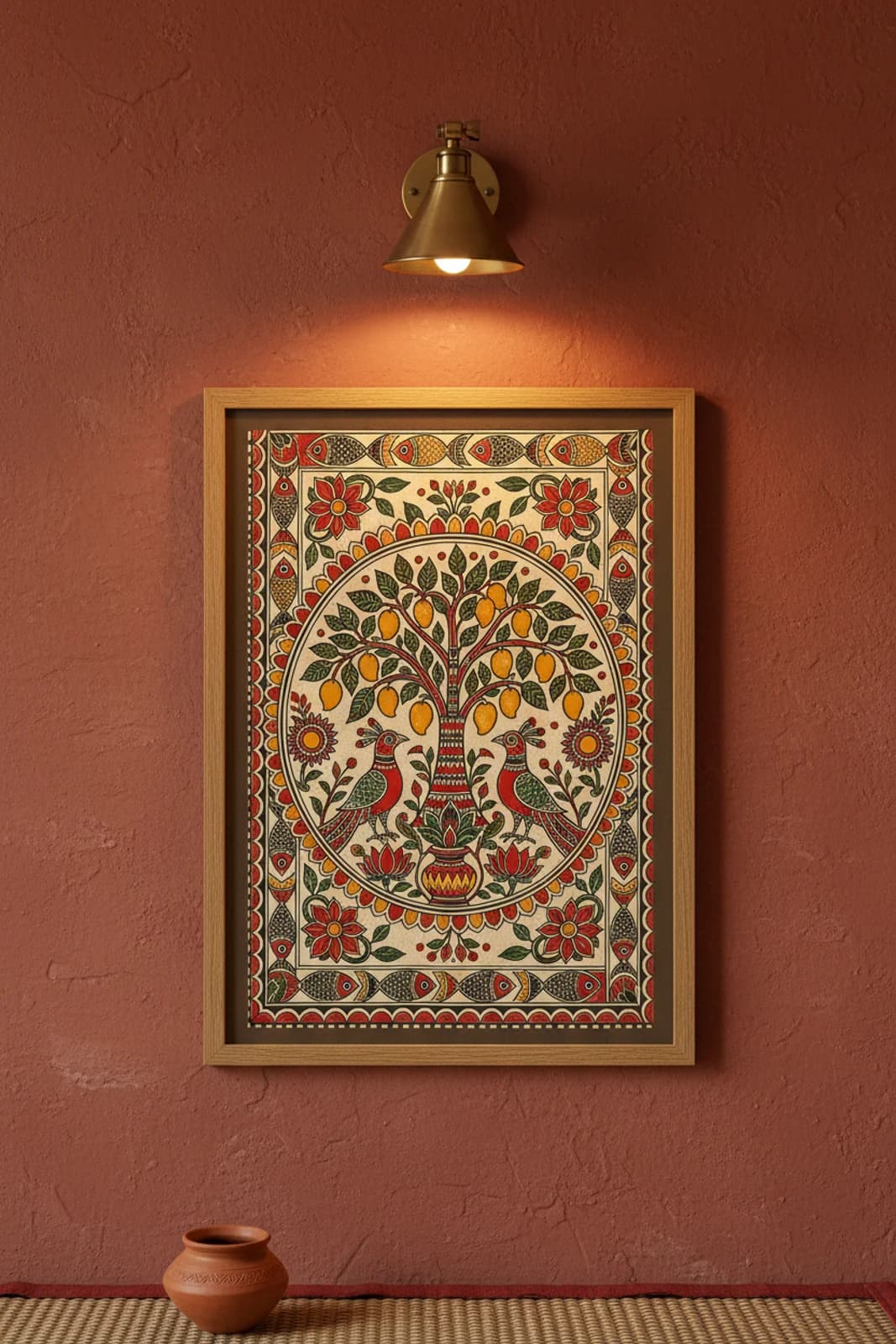 Kohbar Mango Tree Madhubani print in natural_oak A2 frame on vermillion-red terracotta limewash wall — Mithila folk art mockup