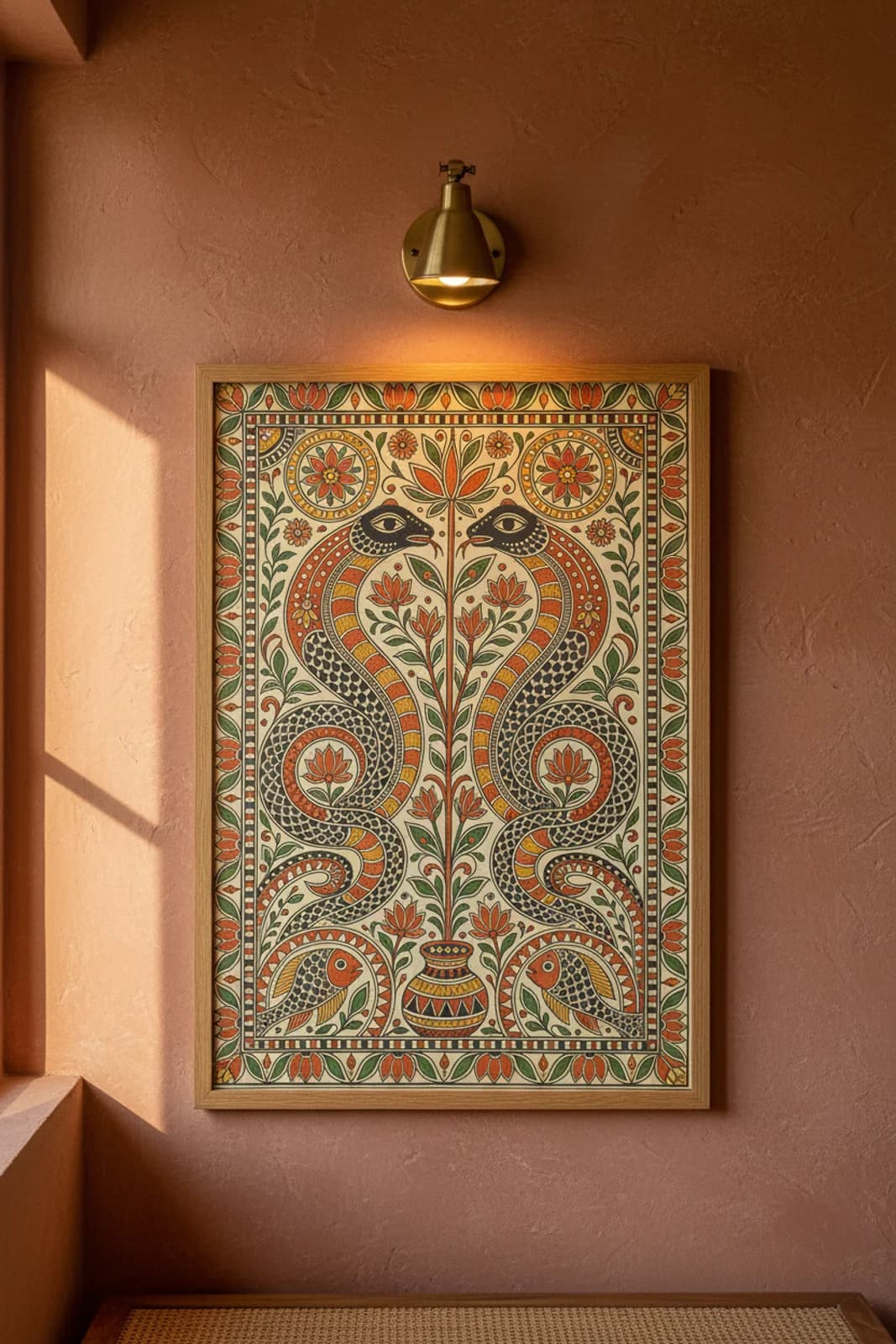 Kohbar Naga Union Madhubani print in natural_oak A2 frame on lamp-black terracotta limewash wall — Mithila folk art mockup