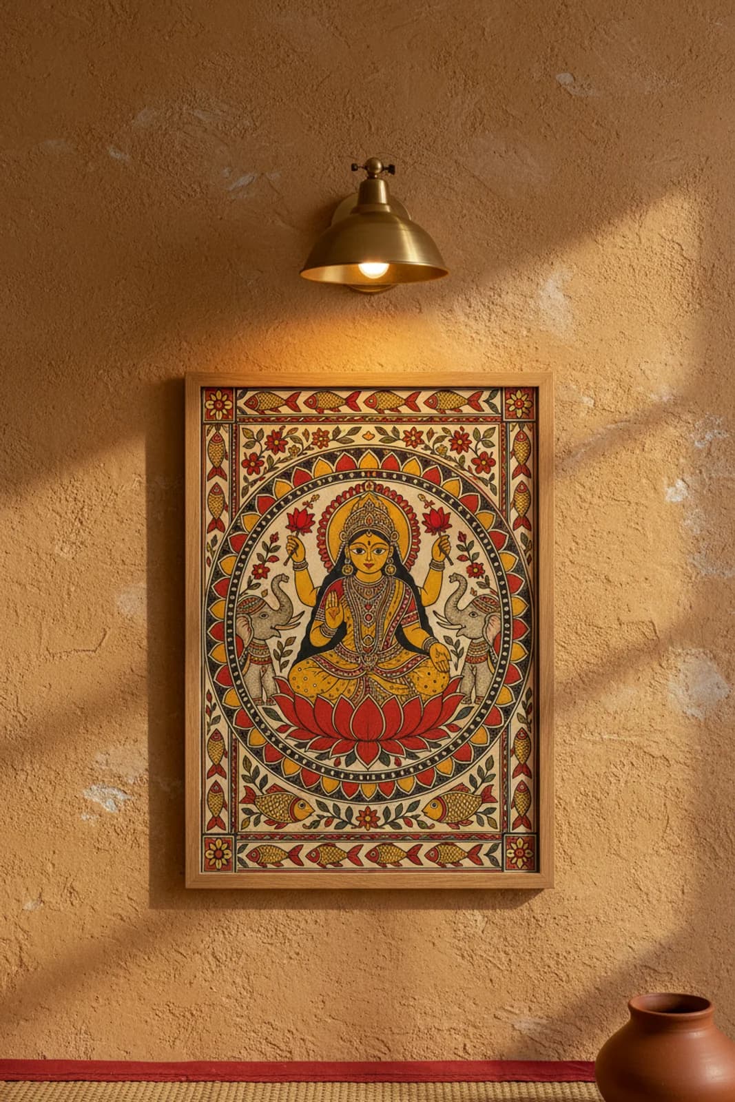 Lakshmi Lotus Madhubani print in natural_oak A2 frame on turmeric-ochre terracotta limewash wall — Mithila folk art mockup