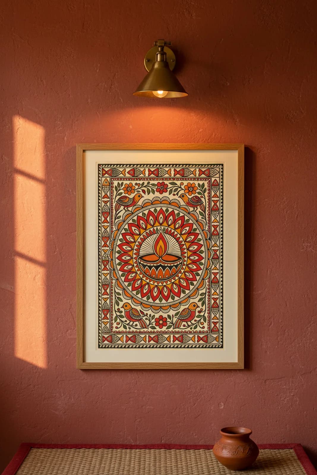 LED Diya Madhubani print in natural_oak A2 frame on vermillion-red terracotta limewash wall — Mithila folk art mockup