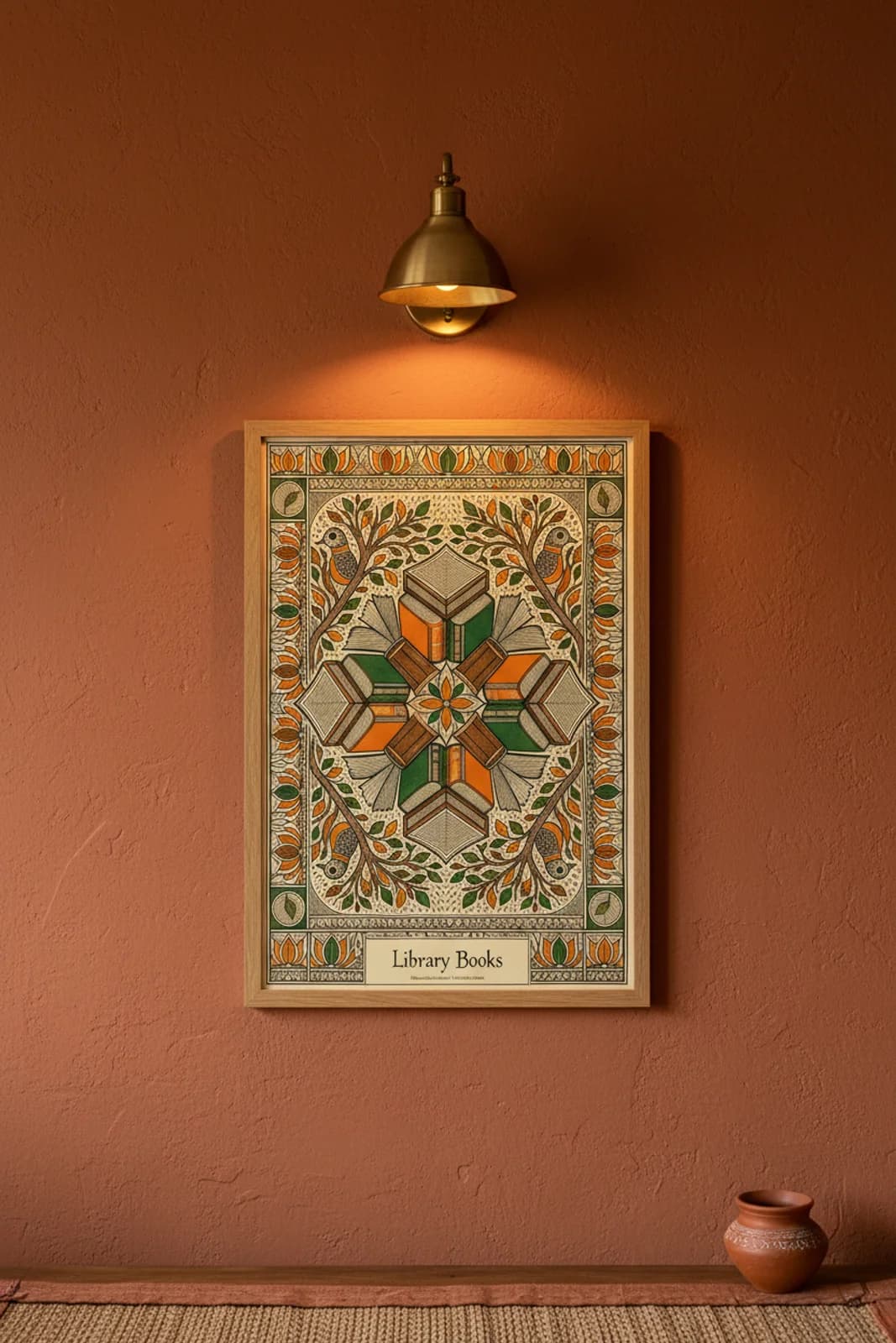 Library Books Madhubani print in natural_oak A2 frame on burnt-orange terracotta limewash wall — Mithila folk art mockup