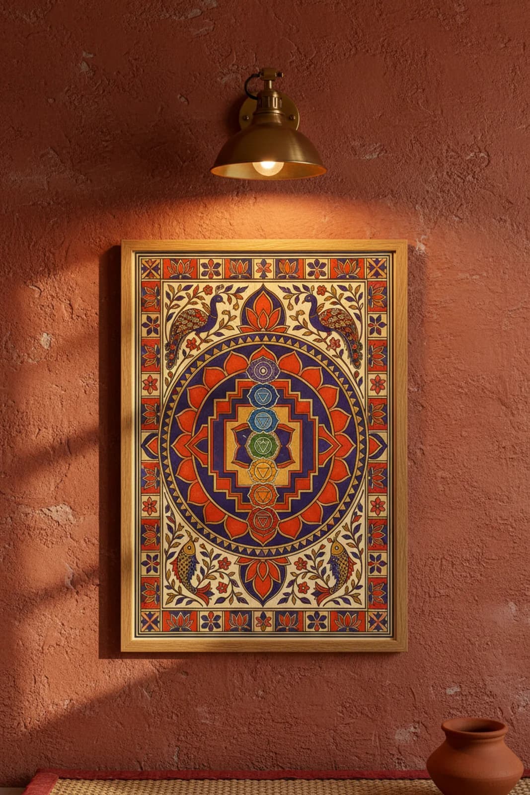 Chakra Mandala Madhubani print in natural_oak A2 frame on vermillion-red terracotta limewash wall — Mithila folk art mockup