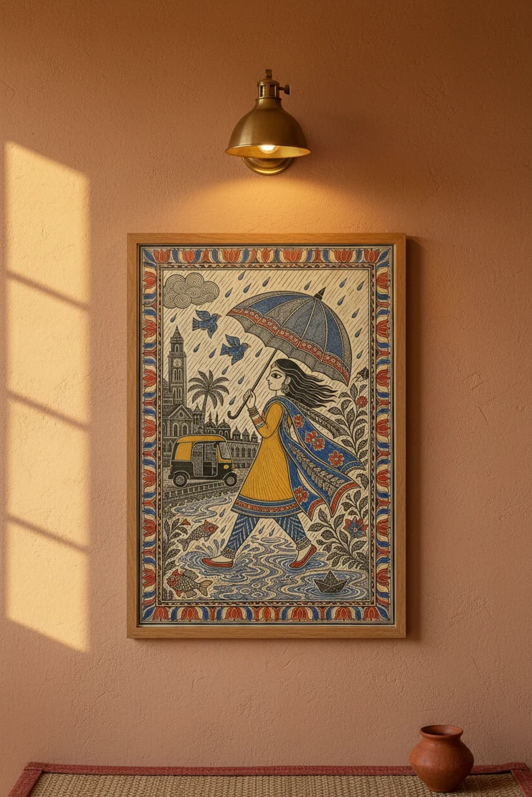 Monsoon Umbrella Madhubani print in natural_oak A2 frame on mustard-ochre terracotta limewash wall — Mithila folk art mockup