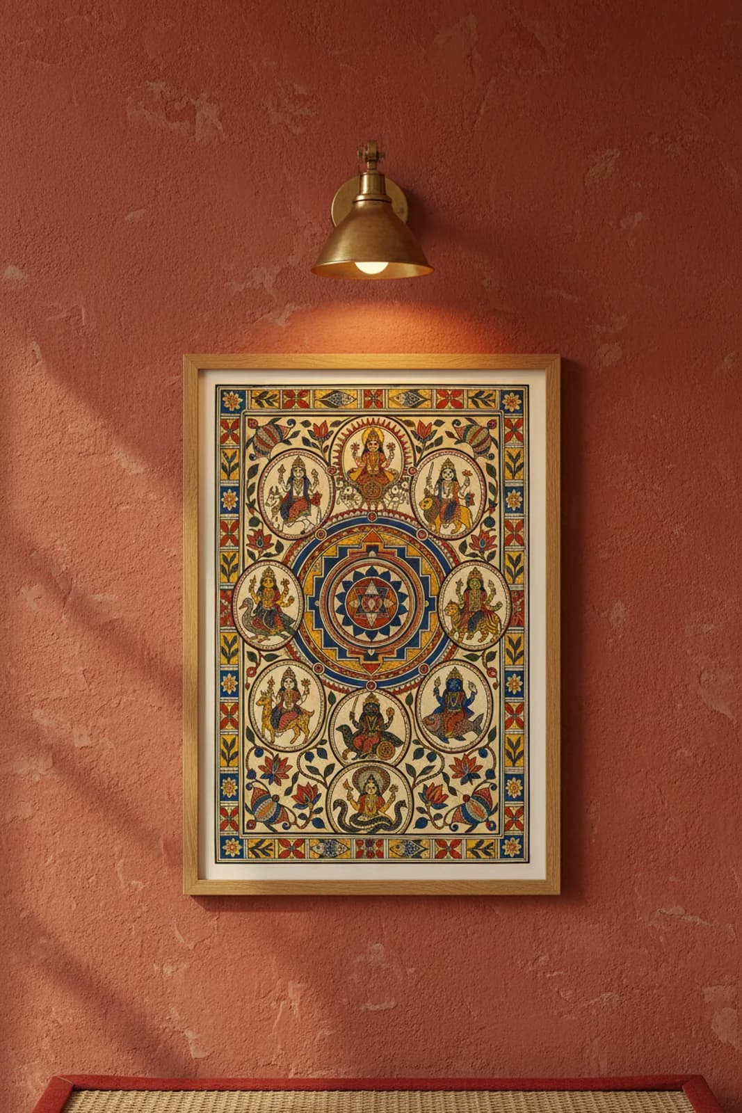 Navagraha Tantrik Madhubani print in natural_oak A2 frame on vermillion-red terracotta limewash wall — Mithila folk art mockup