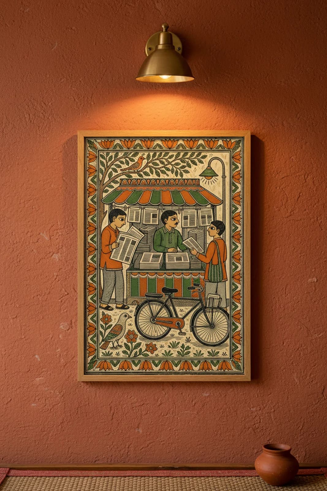 Newspaper Stall Madhubani print in natural_oak A2 frame on vermillion-orange terracotta limewash wall — Mithila folk art mockup