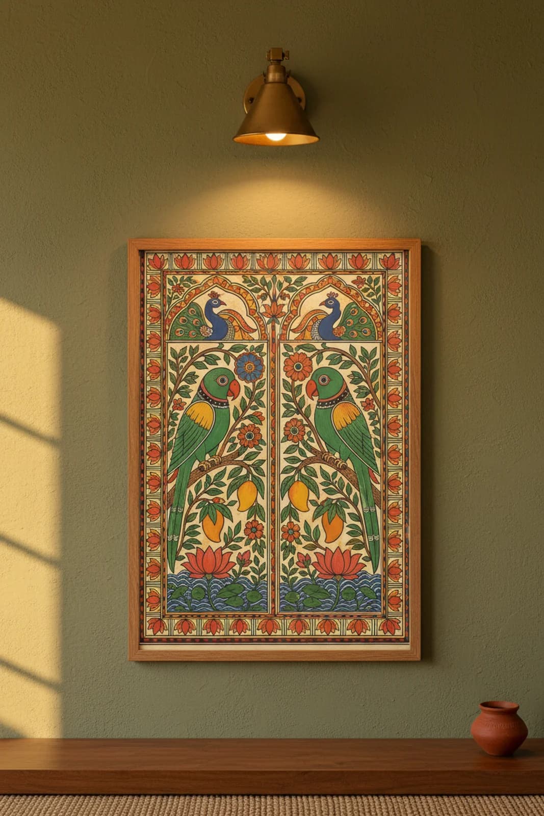 Parrot Garden Madhubani print in natural_oak A2 frame on forest-green terracotta limewash wall — Mithila folk art mockup