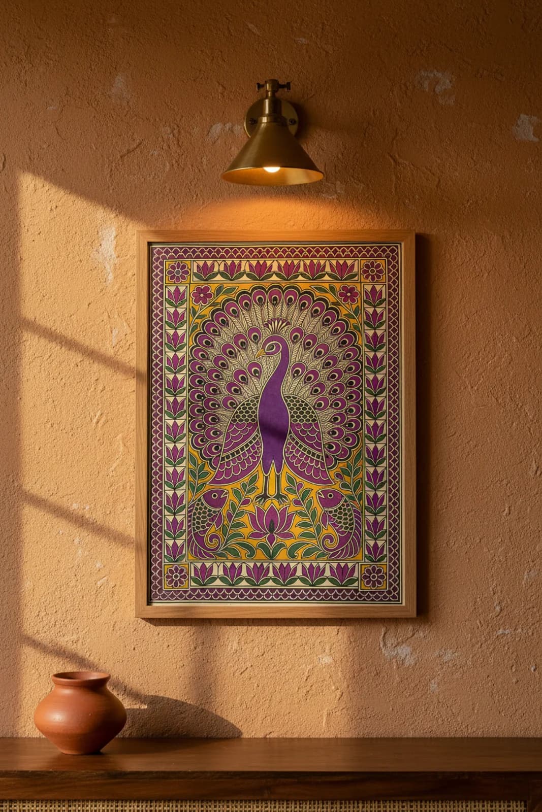 Peacock Garden Madhubani print in natural_oak A2 frame on marigold-yellow terracotta limewash wall — Mithila folk art mockup