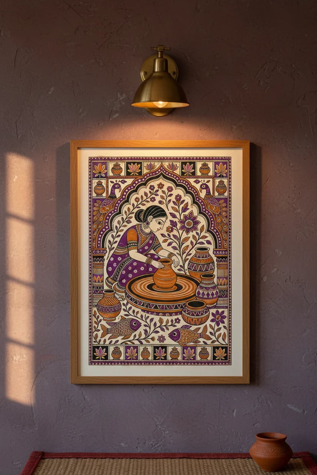 Potter Wheel Madhubani print in natural_oak A2 frame on indigo-purple terracotta limewash wall — Mithila folk art mockup