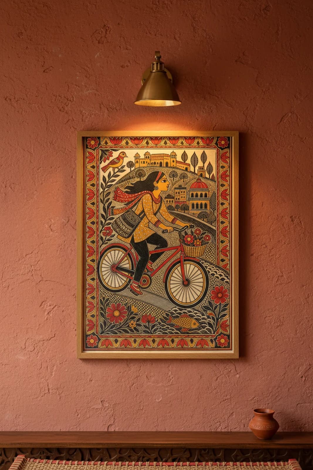 Pune Cycle Madhubani print in natural_oak A2 frame on vermillion-red terracotta limewash wall — Mithila folk art mockup