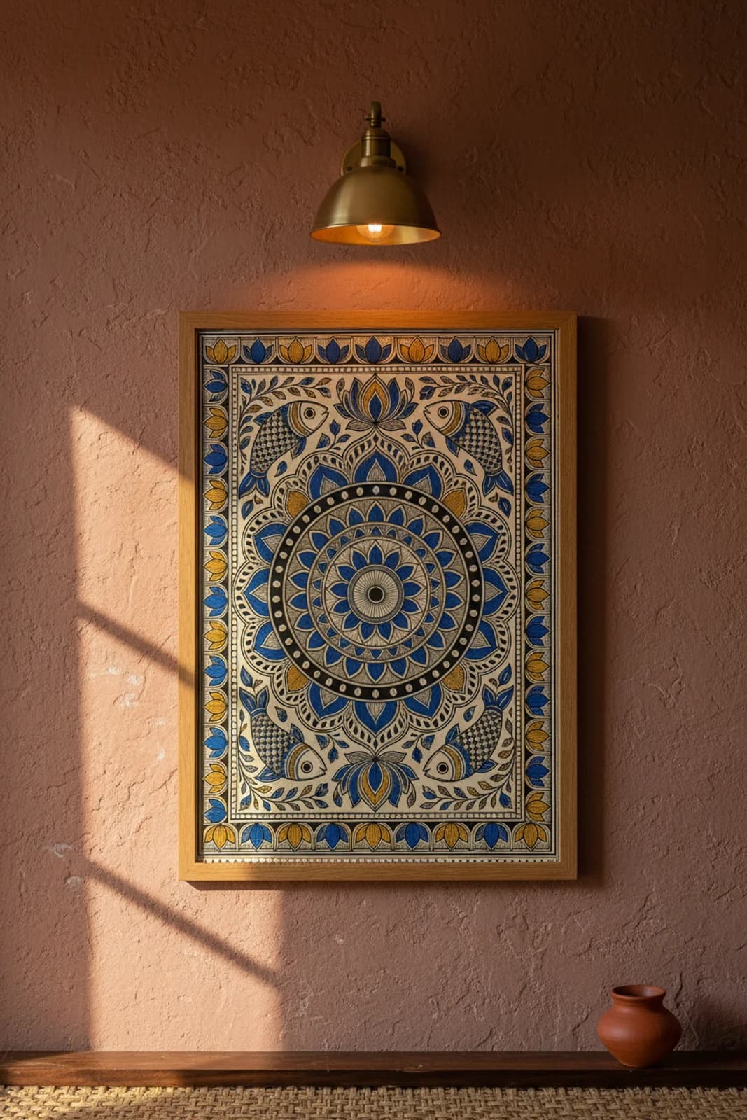 Rangoli Border Madhubani print in natural_oak A2 frame on lamp-black terracotta limewash wall — Mithila folk art mockup
