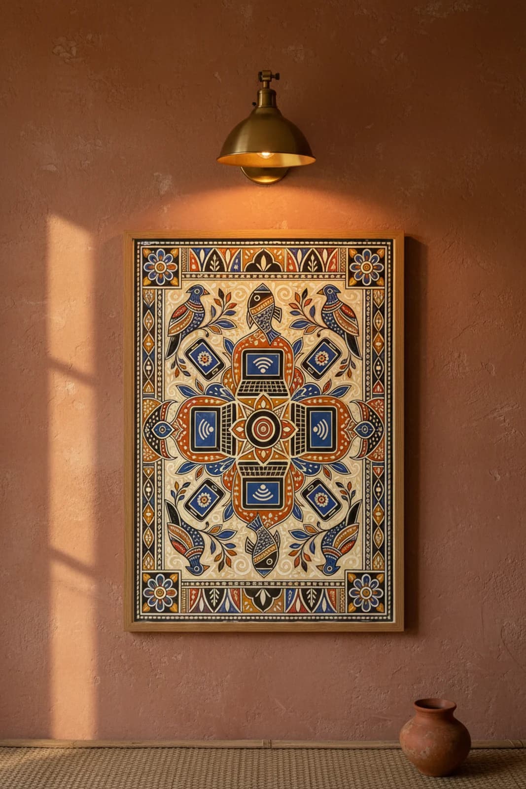 Digital Rangoli Madhubani print in natural_oak A2 frame on geru-cream-parchment terracotta limewash wall — Mithila folk art mockup