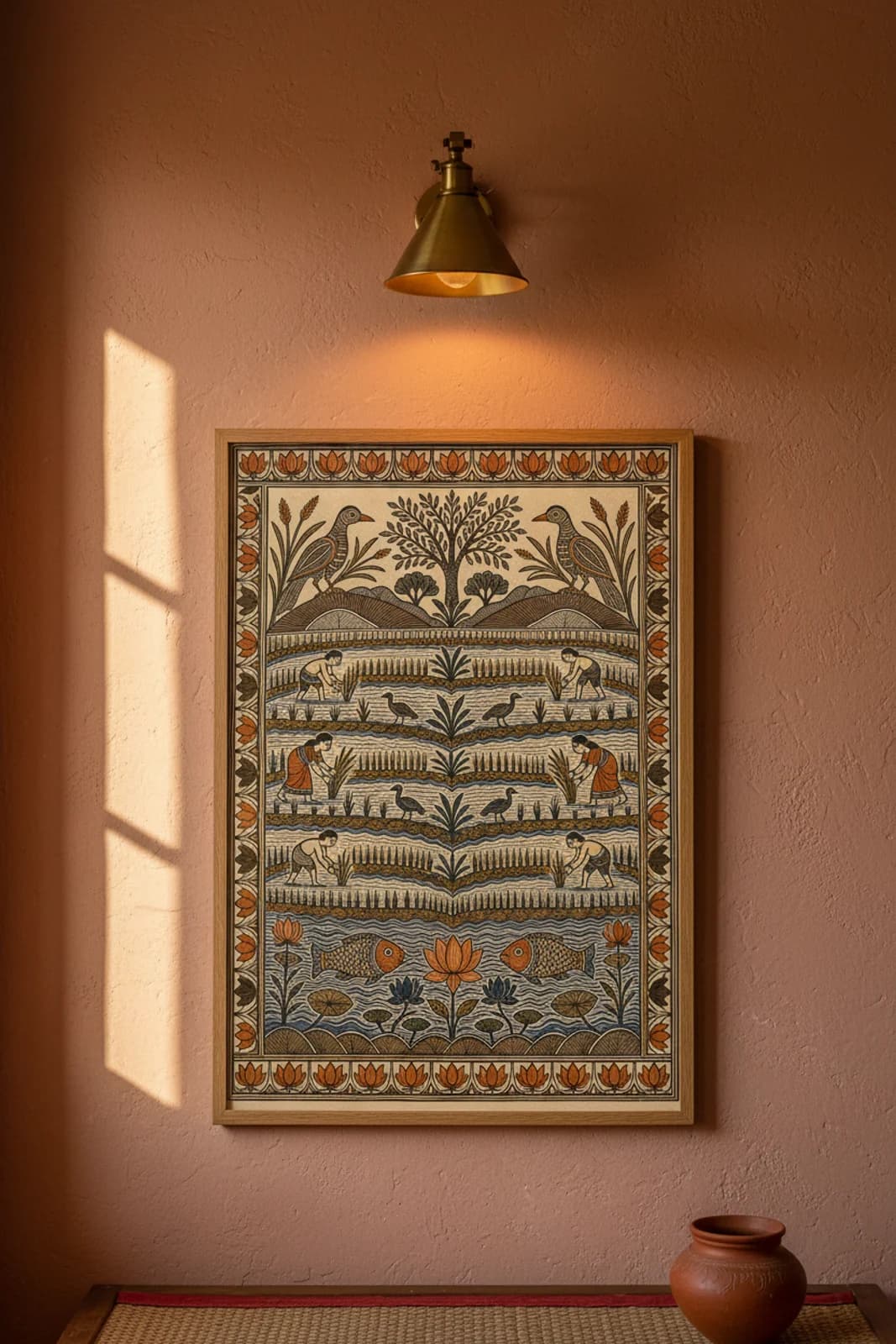 Rice Paddy Madhubani print in natural_oak A2 frame on indigo-blue terracotta limewash wall — Mithila folk art mockup