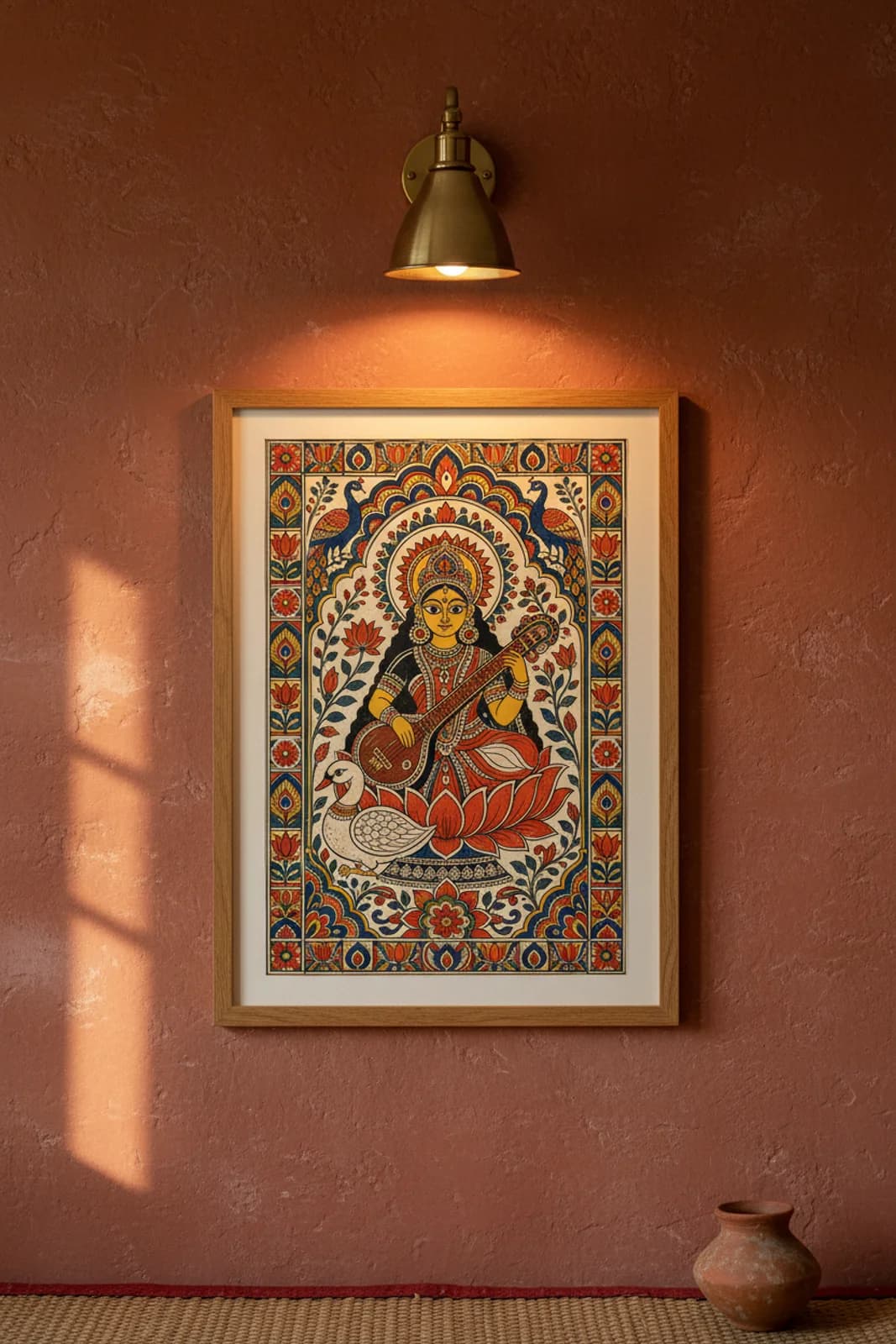 Saraswati Veena Madhubani print in natural_oak A2 frame on lamp-black terracotta limewash wall — Mithila folk art mockup