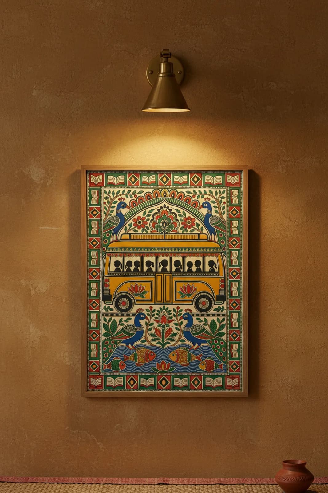 School Bus Fusion Madhubani print in natural_oak A2 frame on mustard-yellow terracotta limewash wall — Mithila folk art mockup