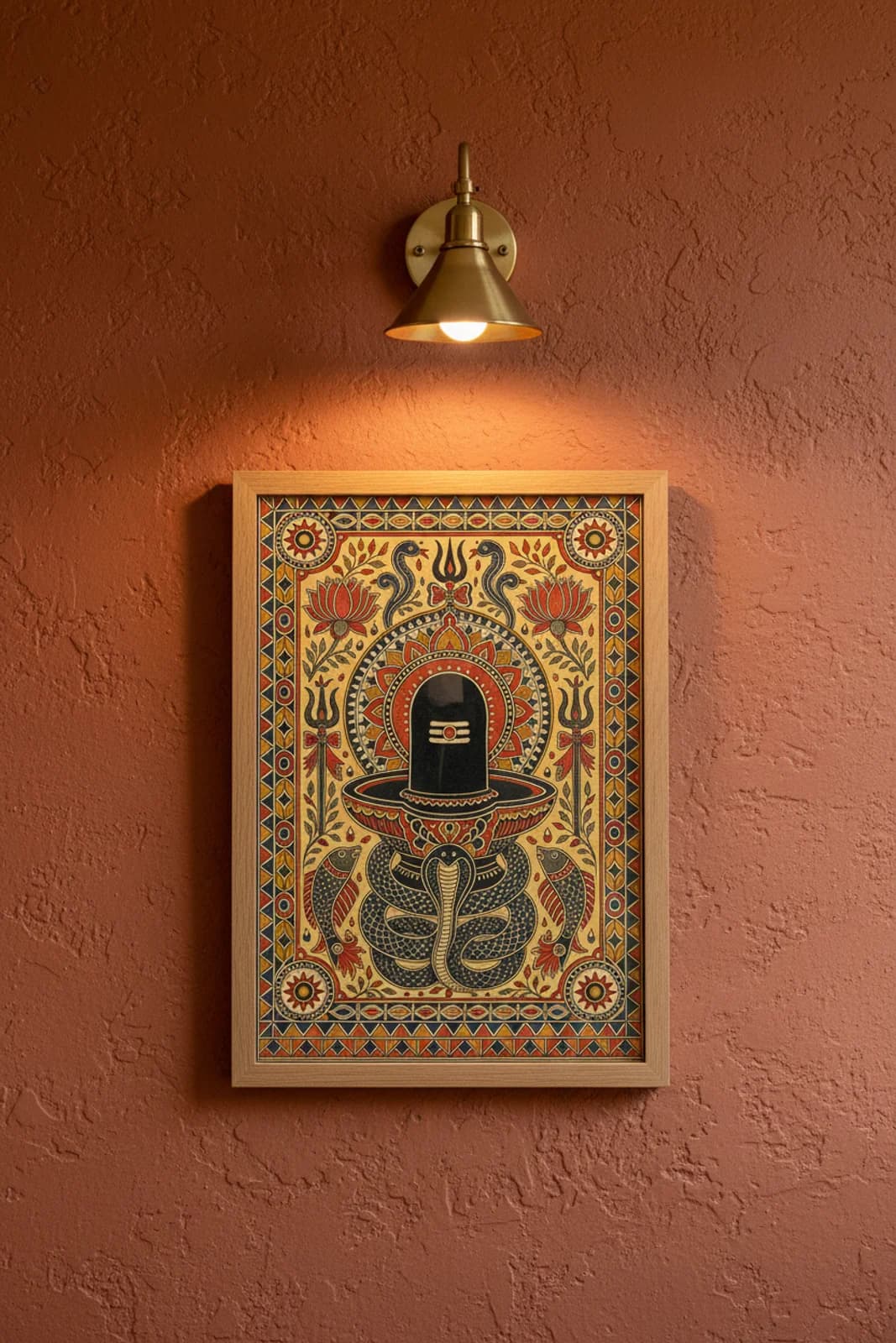 Shiva Lingam Madhubani print in natural_oak A2 frame on vermillion-red terracotta limewash wall — Mithila folk art mockup