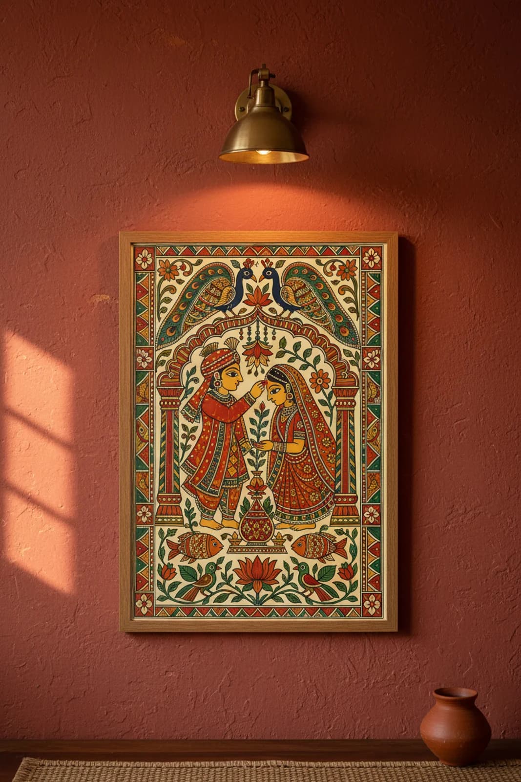 Sindoor Bride Dense Madhubani print in natural_oak A2 frame on vermillion-red terracotta limewash wall — Mithila folk art mockup