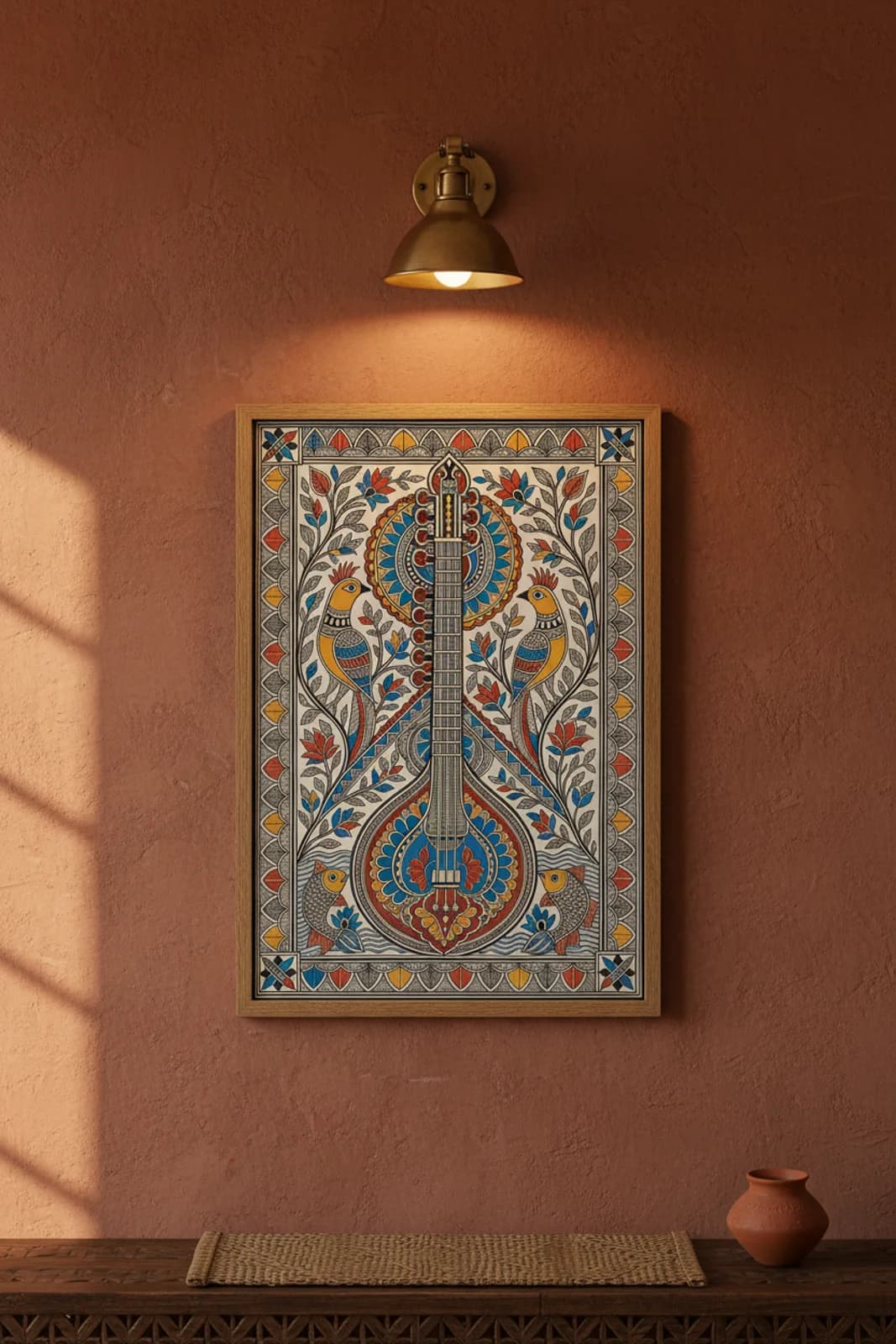 Sitar Raga Madhubani print in natural_oak A2 frame on vermillion-red terracotta limewash wall — Mithila folk art mockup