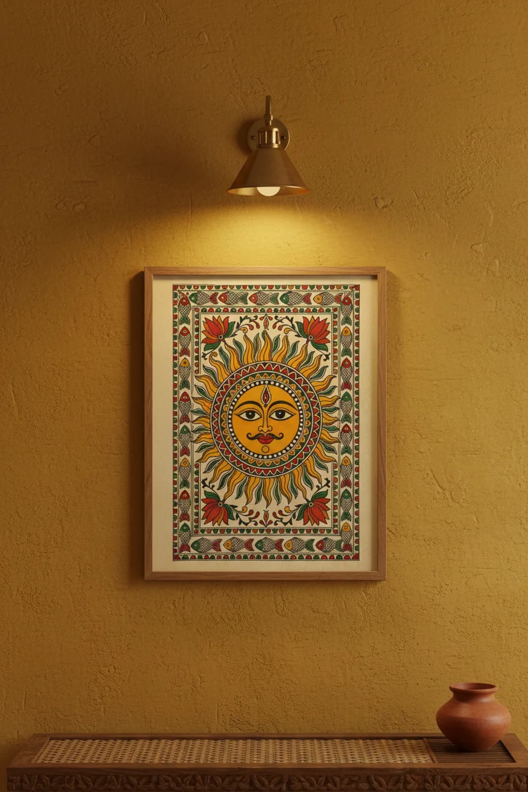 Sun Radiance Madhubani print in natural_oak A2 frame on turmeric-yellow terracotta limewash wall — Mithila folk art mockup