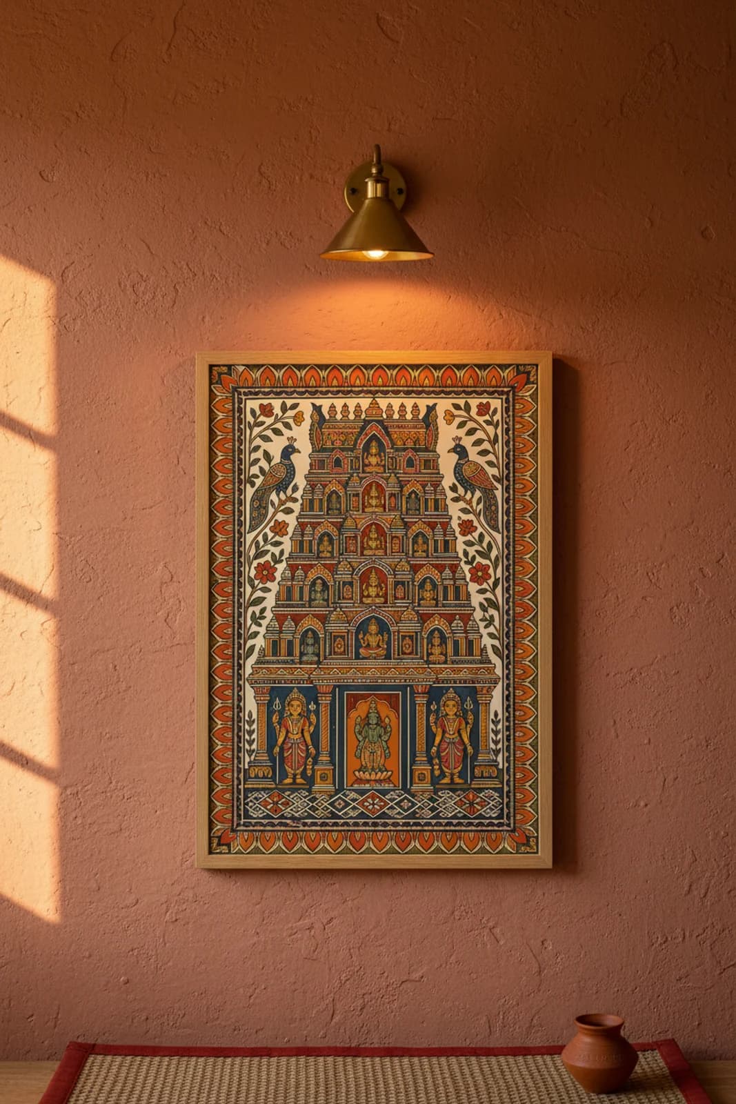 Temple Gopuram Fusion Madhubani print in natural_oak A2 frame on terracotta-vermillion terracotta limewash wall — Mithila folk art mockup