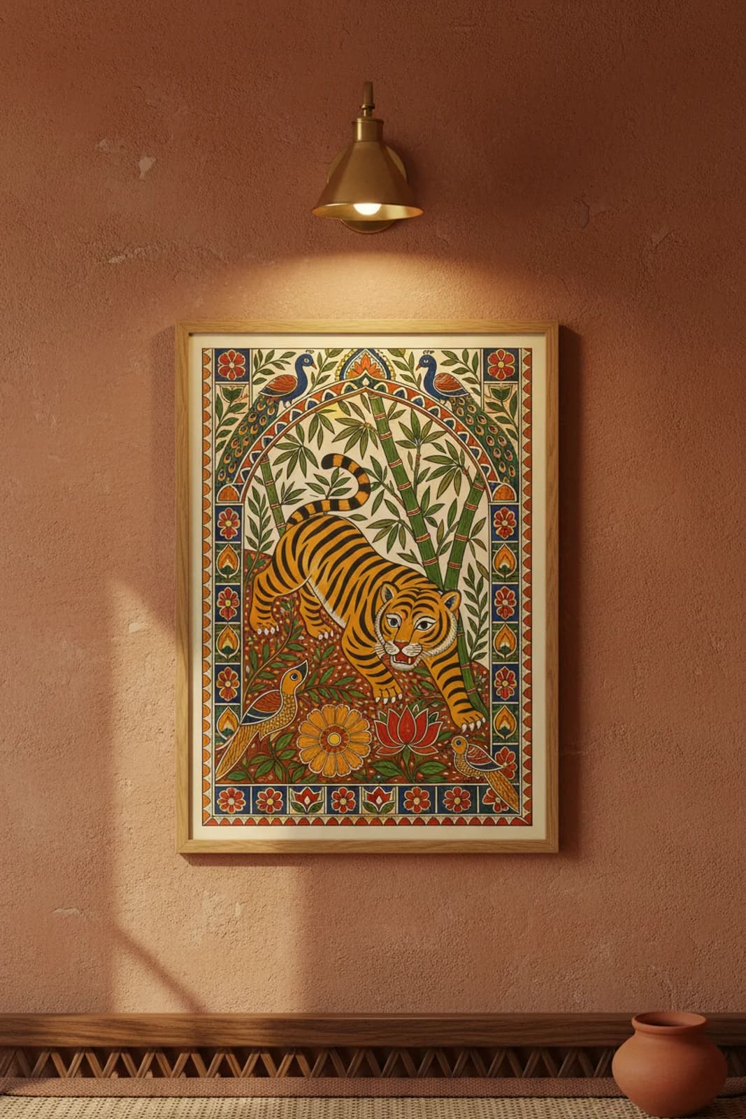 Tiger Forest Madhubani print in natural_oak A2 frame on turmeric-orange terracotta limewash wall — Mithila folk art mockup