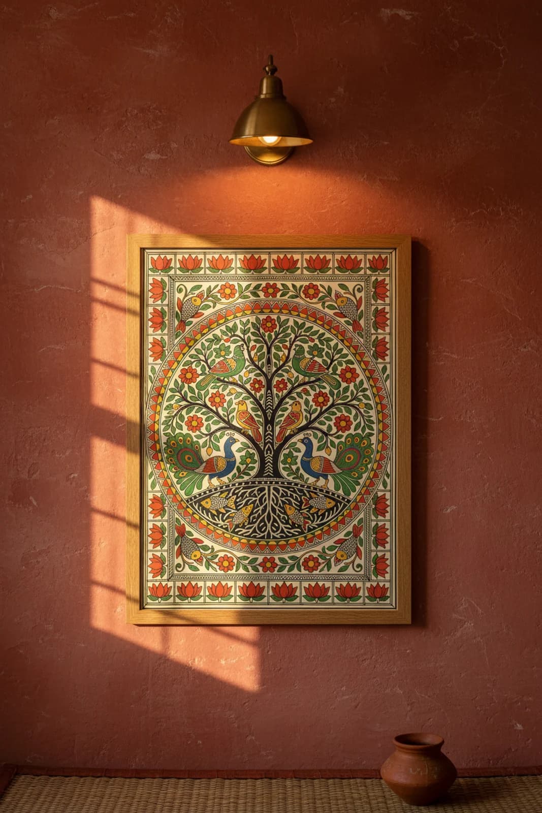 Tree of Life Madhubani print in natural_oak A2 frame on vermillion-red terracotta limewash wall — Mithila folk art mockup
